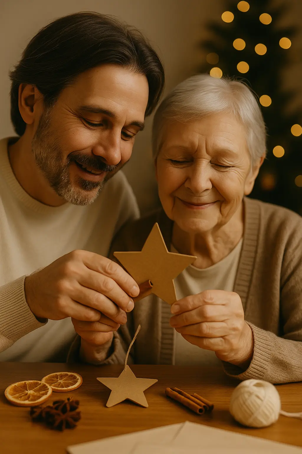 Un proche et une personne âgée créent ensemble une étoile