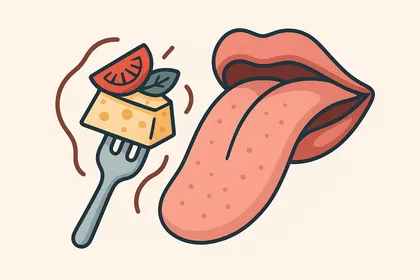 Illustration d'une langue et d'une fourchette avec fromage et tomate