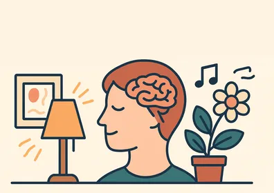 Illustration d'une personne dont le cerveau est stimulé par la lumière, la musique et la nature