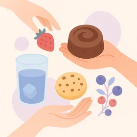 Illustration de mains tenant des aliments aux couleurs pastel, textures et émotions